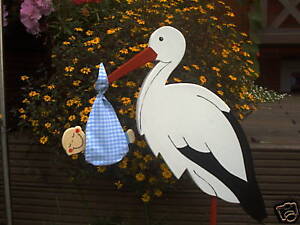  STORCH m. BABY BLAU Hochzeit/Geburt/Baby/Holz/Deko