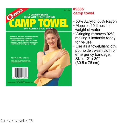 Coghlans Camping Backpacking Towel 10x Absorb Yellow  