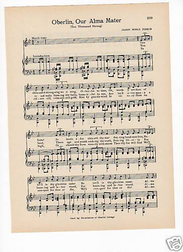 Vintage OBERLIN COLLEGE song   ALMA MATER   OHIO   Pierce   c 1941 