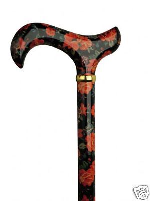   Red Wooden Red Black Primroses Floral Derby Walking Cane Canes