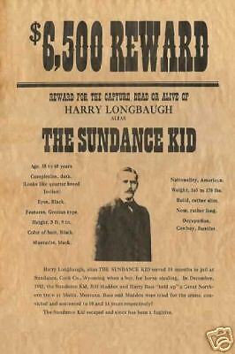 Sundance Kid Reward Wanted Poster Reprod Old Wild West  