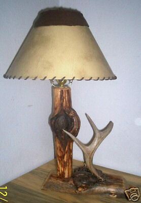 Rustic Log Burl Table Lamp w/antler, lodge, cabin decor  