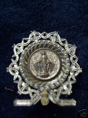 Vintage tiny Mary silver & clear plastic standing icon  