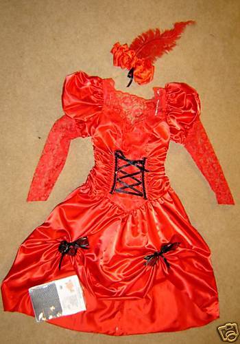 Costume showgirl saloon red satin lace dress hose 7 8  