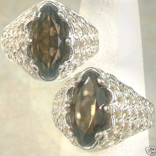 ORNATE SOLiD STERLiNG SMOKY SMOKEY TOPAZ/QUARTZ RiNG 5  