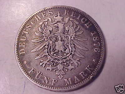 OLD COIN 1876 5 FUNF MARK SILVER FROM HAMBURG GERMANY  