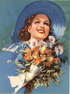 Lady Blue Hat Mixed Flowers Print 1930s  