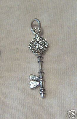 Sterling Silver Fancy Skeleton Key with Hearts Charm  