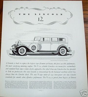 1932 LINCOLN V 12 WILLOUGHBY LIMOUSINE 150 H.P. AD ART  