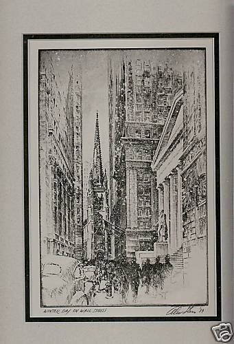 WINTER DAY ON WALL STREET FRAMED ETCHING SIGNED 1939  