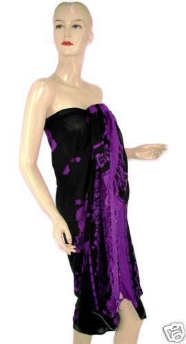 Black Purple Hibiscus Sarong Pareo Skirt Dress Shawl  