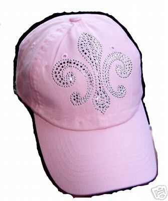 HUGE RHINESTONE FLEUR DE LIS PINK BASEBALL HAT CAP  