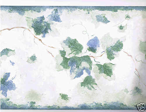 BLUE AND GREEN LEAVES ON WHITE WALLPAPER BORDER  