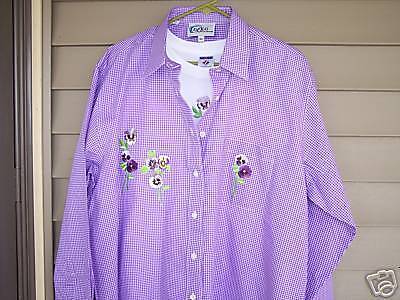 LAS OLAS L/S SHIRT+TSHIRT~LAVENDER PANSIES GINGHAM 2X  