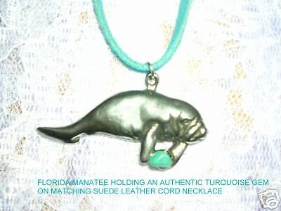 MANATEE w TURQUOISE NUGGET PENDANT 18 SUEDE NECKLACE  